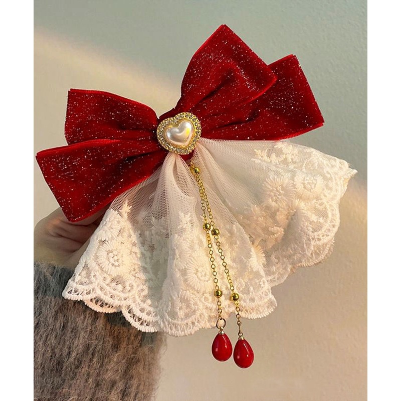 Chinese Style Red Metal Pearl Lace Butterfly Tassel Hairpin
