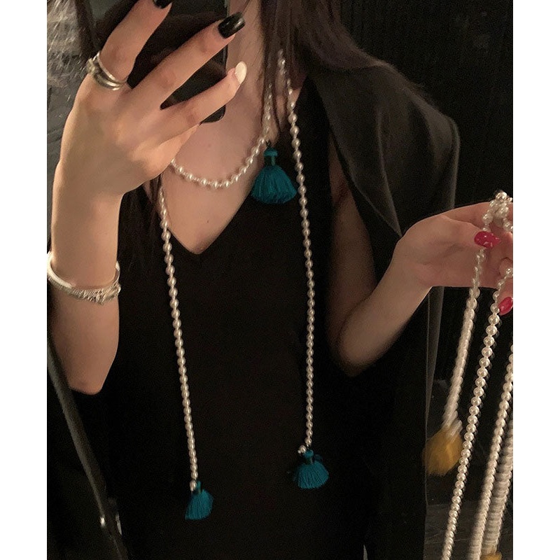 Chinese Style Yellow Alloy Pearl Beading Tassel Pendant Necklace