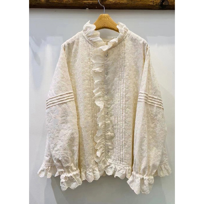 Classy Beige Ruffled Patchwork Embroidered Cotton Blouses Spring