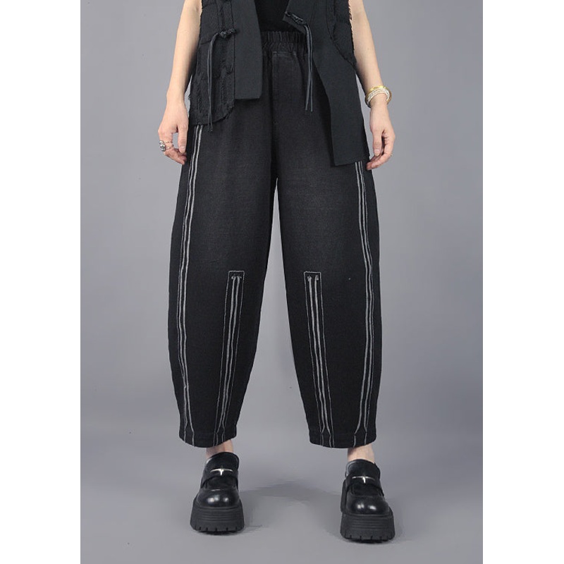 Classy Black Oversized Striped Cotton Harem Pants Spring