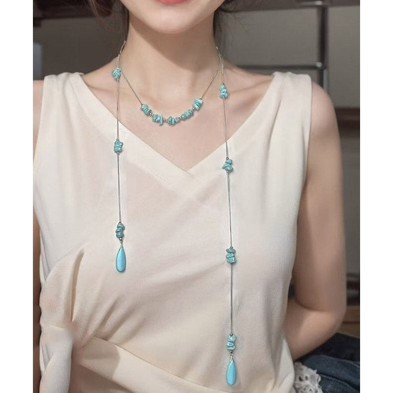 Cute Blue Stainless Steel Turquoise Beads Sweater Pendant Necklace