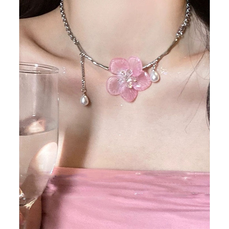 Cute Retro Pink Stainless Steel Pearl Floral Tassel Pendant Necklace