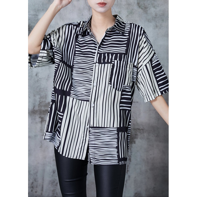 DIY Black Oversized Striped Chiffon Blouses Summer