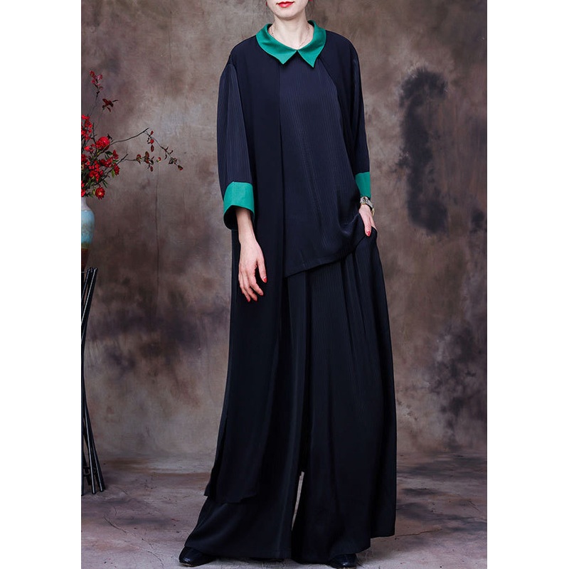 Elegant Black Patchwork Green Peter Pan Collar Low High Design Chiffon Long Shirt And Wide Leg Pant Two Pieces Set Summer