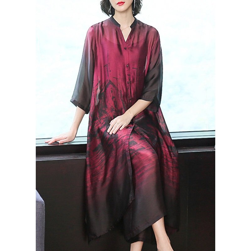 Elegant Red V Neck Print Silk Long Shirt Dress And Pants Two Pieces Set Summer