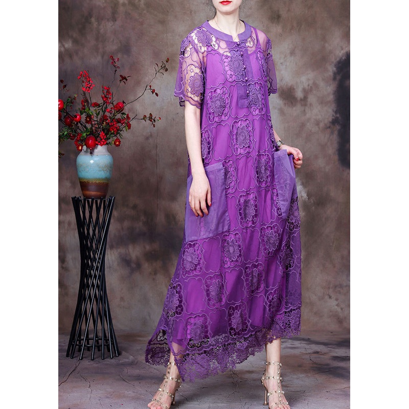Fashion Purple O-Neck Big Pockets Hollow Out Lace Dress And Spaghetti Strap Dress Two Piece Set Short Sleeve