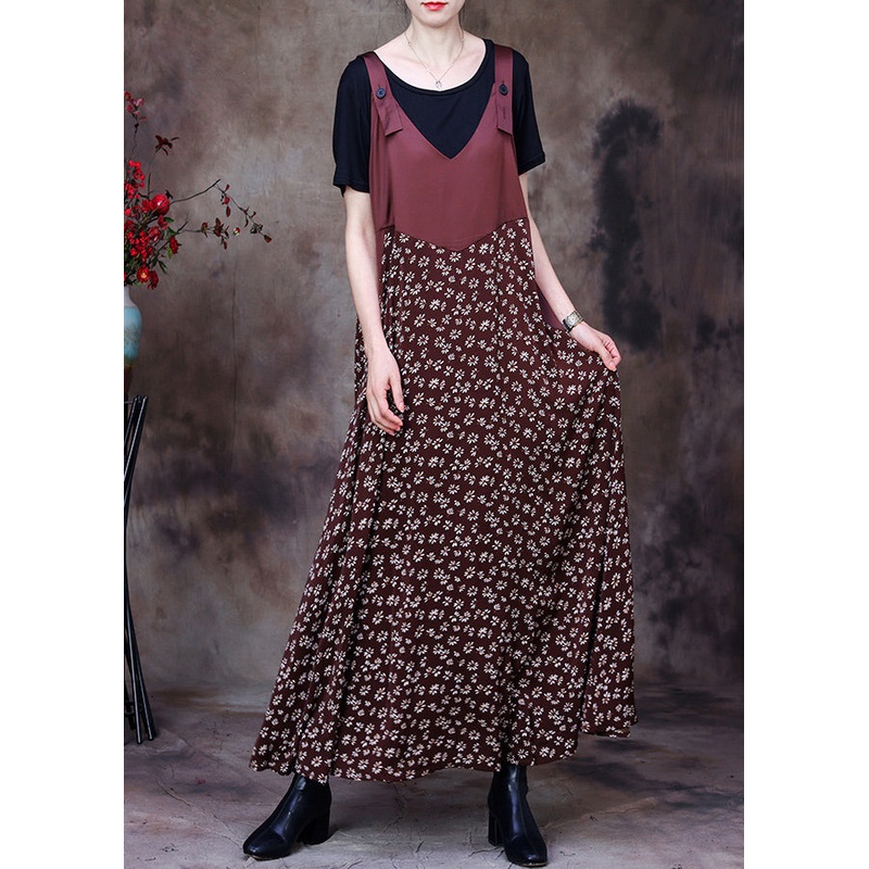 Fitted Coffee Patchwork Print Chiffon Strap Dress And Cotton Tank Two Piece Set Outfits Summer