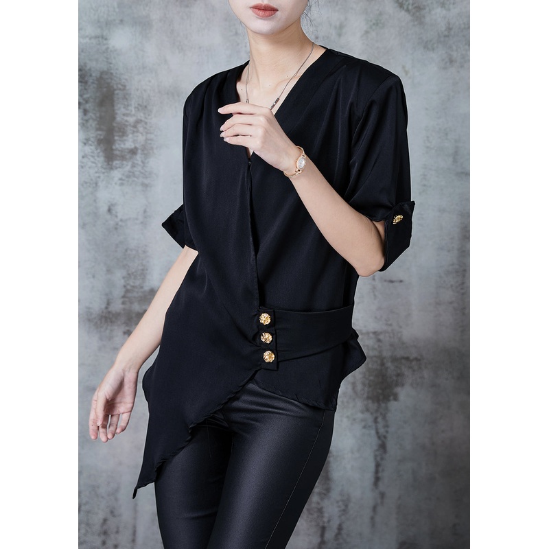 French Black Asymmetrical Golden Buttons Chiffon Shirt Top Summer