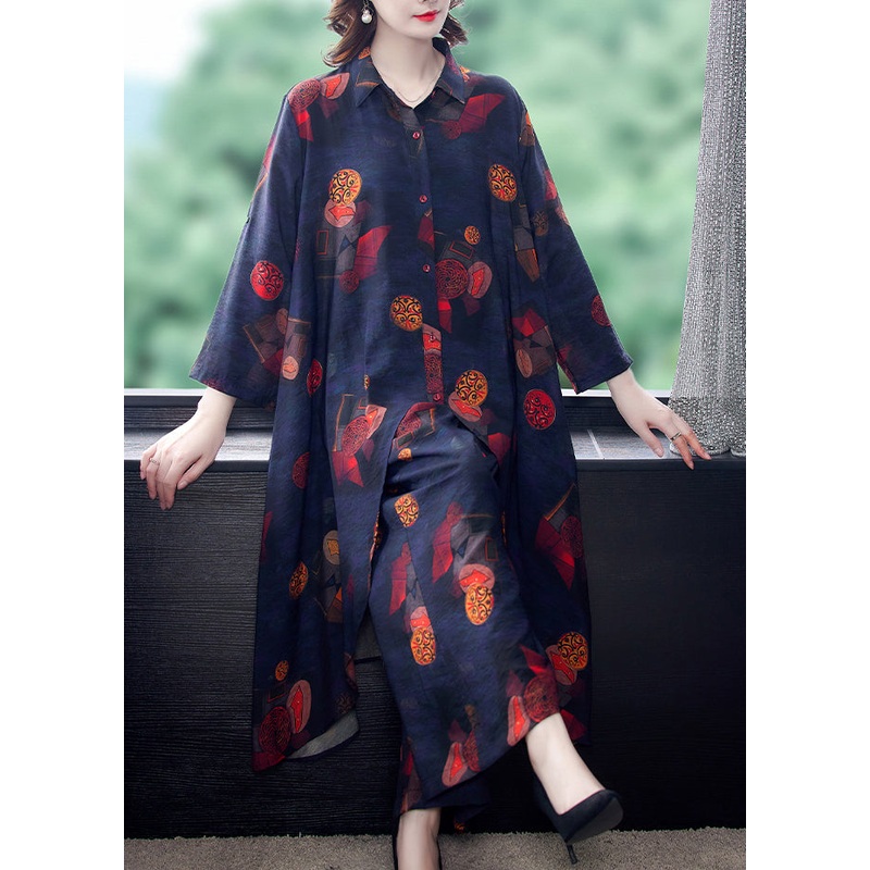 French Black Asymmetrical Print Chiffon Shirt And Wide Leg Pants Two Pieces Set Summer