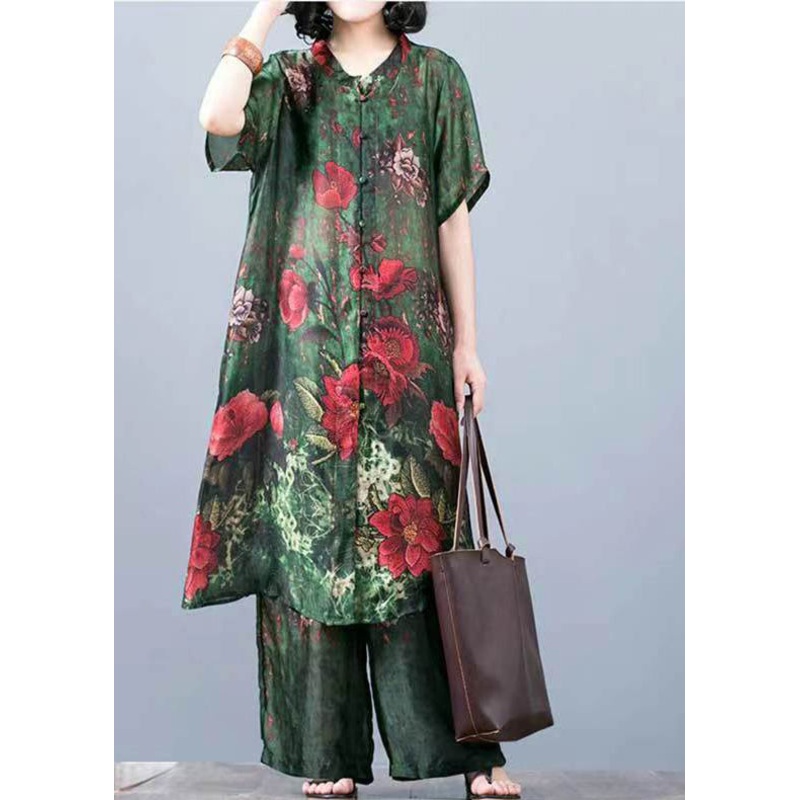 French Green Stand Collar Print Silk Dress And Wide Leg Pants Two Pieces Set Summer