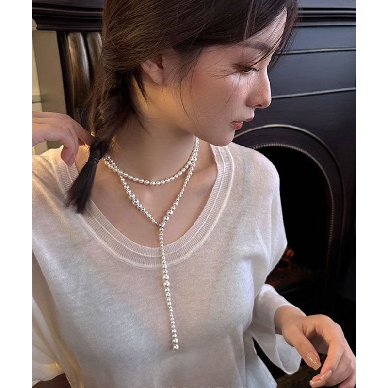 Gradient Color White Copper Alloy Pearl Gratuated Bead Necklace