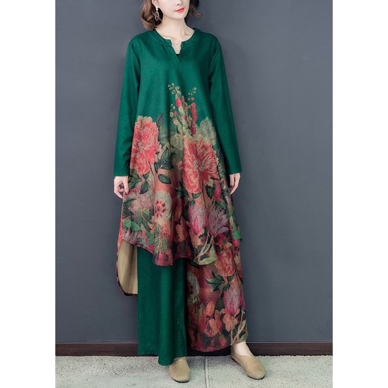 Green Floral Silk Dress And Wide Leg Pants Two Pieces Set Low High Design Spring