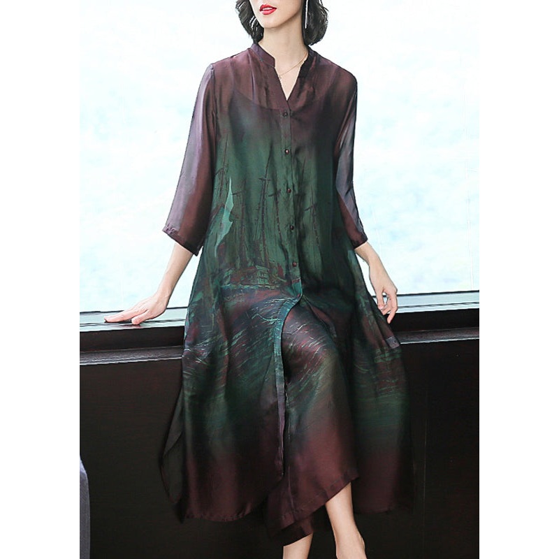 Green Thin Silk Shirt Dress And Wide Leg Pants Two Pieces Set Pockets Summer
