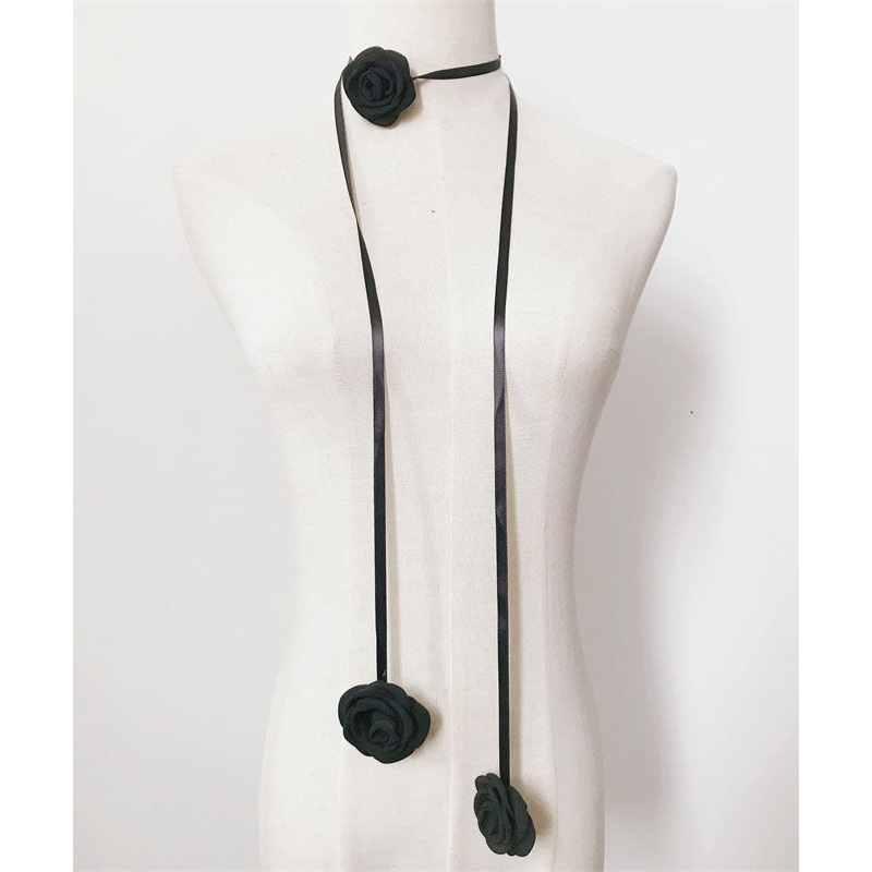 Handmade Black Cloth Rose Tie Lace Pendant Necklace