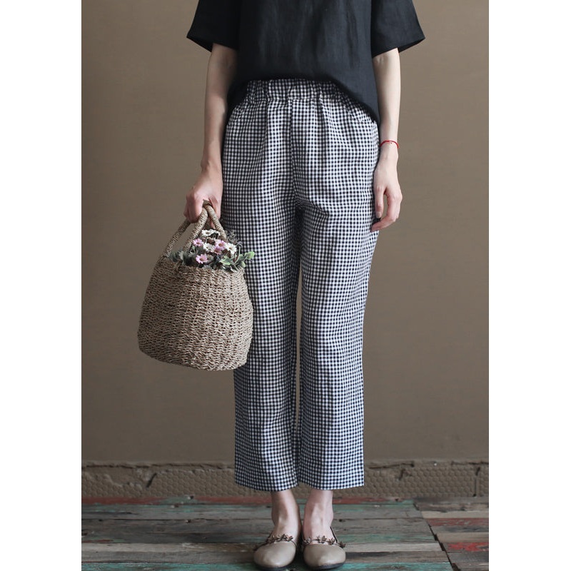 Handmade Black White Plaid Elastic Waist Pockets Linen Crop Pants Summer