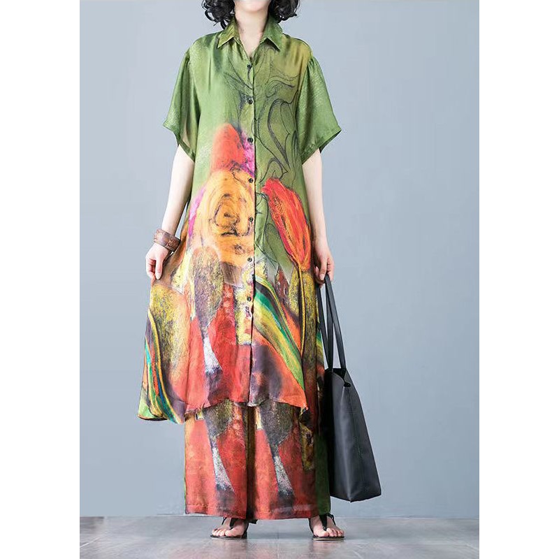 Italian Green Print Satin Shirt Dress And Pants Two Piece Set Short Sleeve
