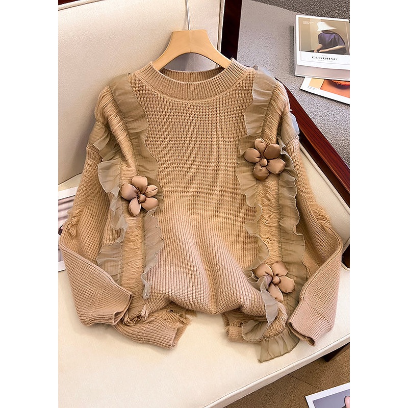 Khaki Patchwork Knit Short Sweater Three Dimensional Flowers Spring