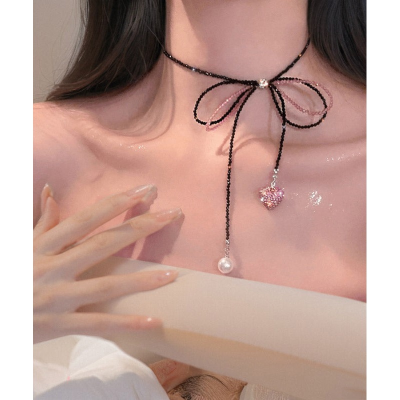 Modern Black Zircon Beading Bow Tie Lace Pearl Love Pendant Necklace
