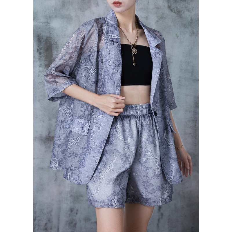 Natural Blue Notched Print Linen Two Piece Suit Set Summer