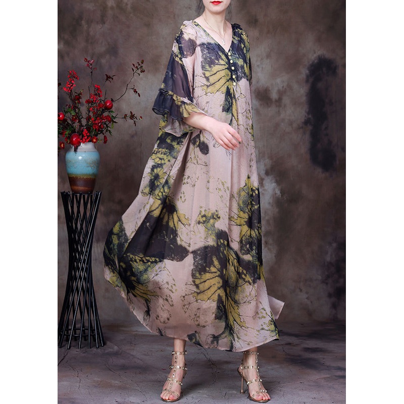 Natural Yellow V Neck Print Chiffon Long Dress And Cotton Spaghetti Strap Dress Women Sets 2 Pieces Half Sleeve