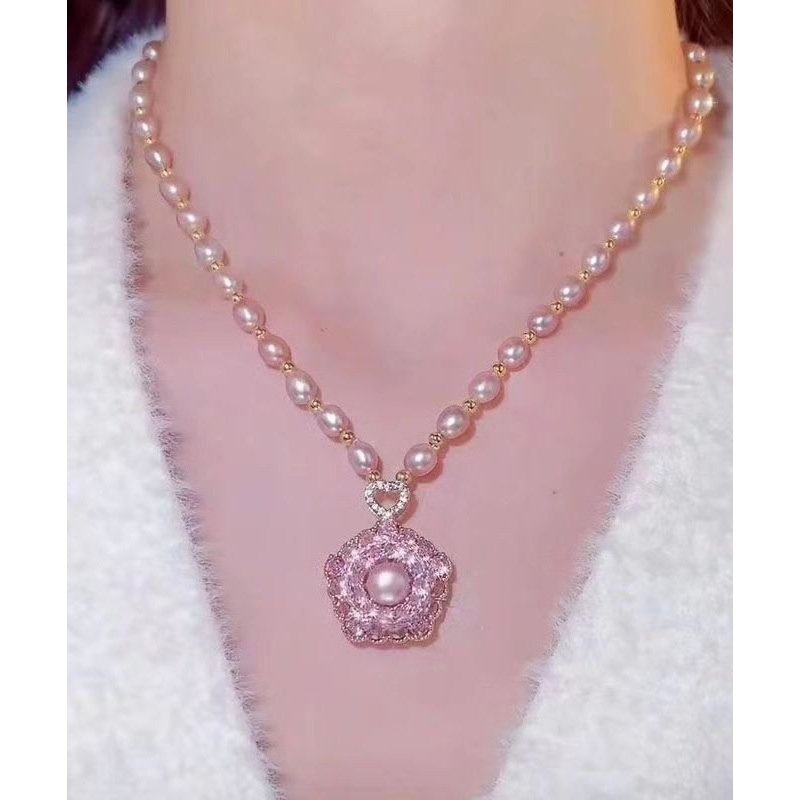 New Light Purple Copper Overgild Zircon Pearl Pendant Necklace