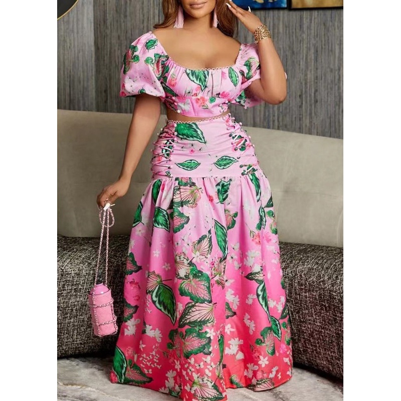 New Pink Gradient Color Print Tops And Skirts Cotton Two Pieces Set Summer