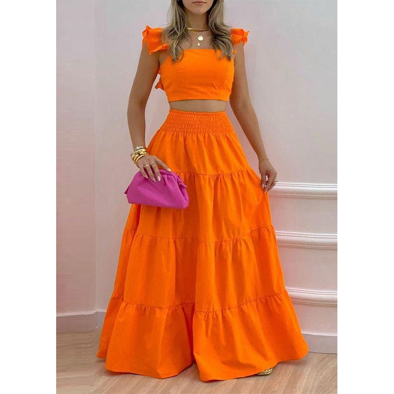 Orange Solid Elastic Waist Cotton Two Pieces Set Square Collar Sleeveless