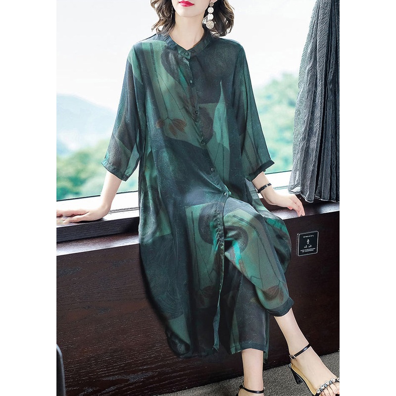 Original Green Pockets Print Thin Silk Shirt Dress And Wide Leg Pants Two Piece Outfit Summer
