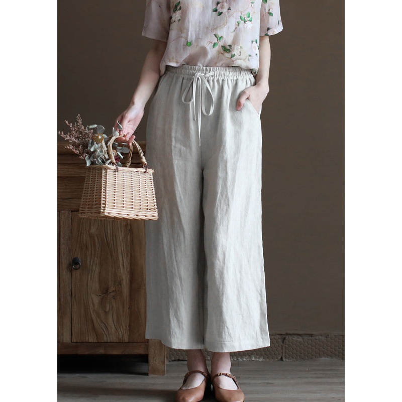Plus Size Solid Linen Colour White Elastic Waist Pockets Linen Wide Leg Pants Summer