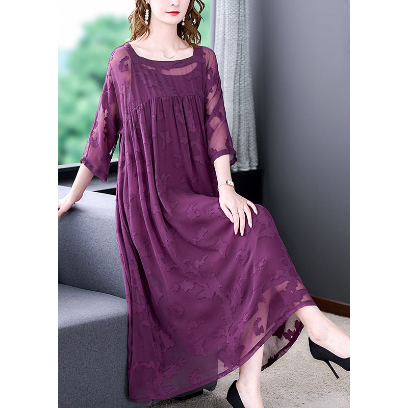 Purple Hollow Out Chiffon Dress Two Piece Set Women Clothing Wrinkled Summer