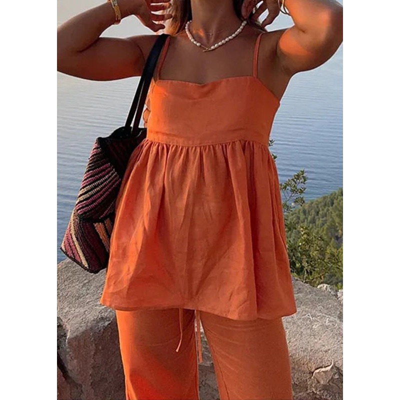 Simple Orange Solid Spaghetti Strap Tank And Pants Cotton 2 Piece Outfit Sleeveless