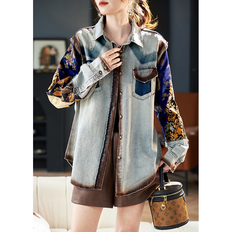 Unique Blue Oversized Patchwork Print Denim Coats Spring
