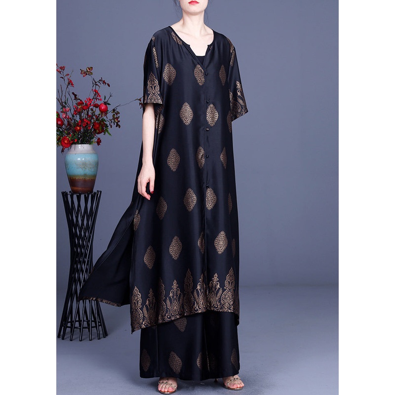 Vintage Black Side Open V Neck Silk Long Top And Pants Two Piece Set Outfits Summer