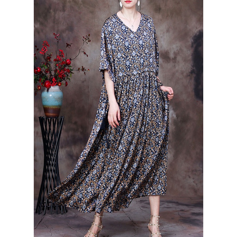 Vintage Blue Print V Neck Drawstring Silk Long Dresses For Women Half Sleeve