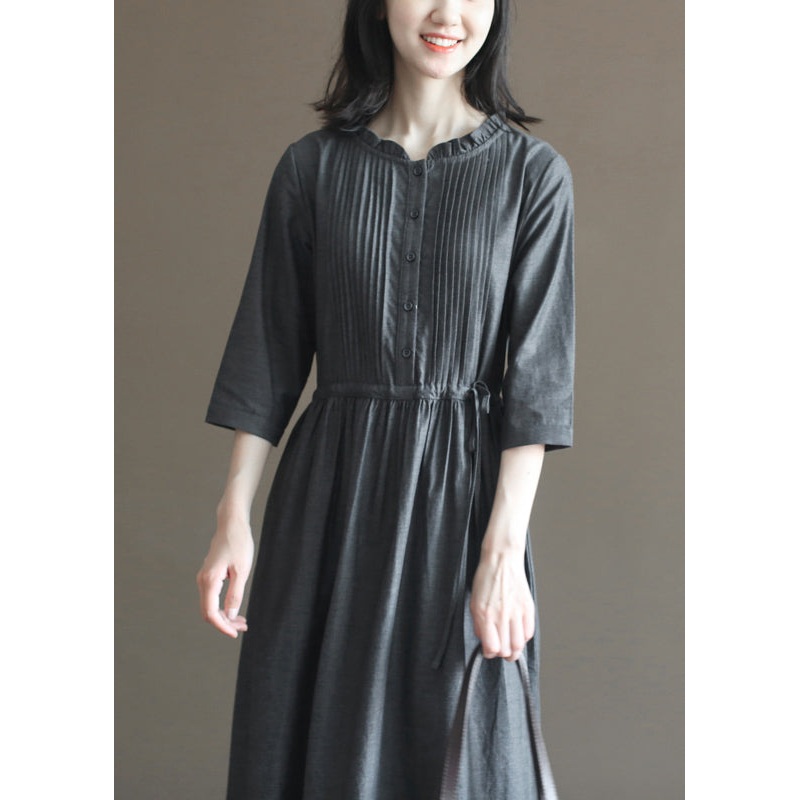 Vintage Grey Wrinkled Drawstring Ruffled Linen Dresses Bracelet Sleeve