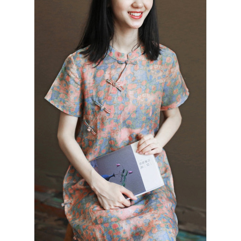Vintage Pink Stand Collar Print Linen Cheongsam Dress Short Sleeve