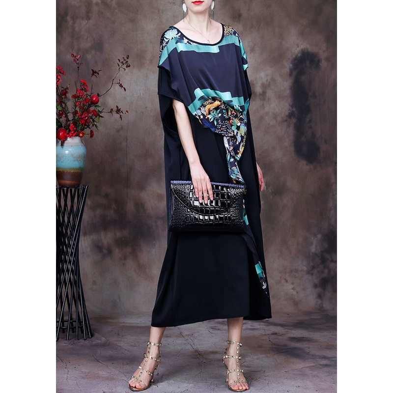 Women Black Asymmetrical Design Print Chiffon Dress Batwing Sleeve