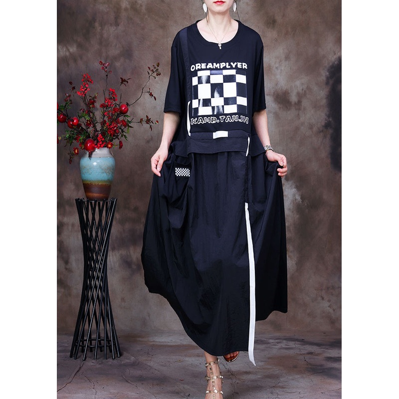 Women Black O-Neck White Plaid Applique Oversized Cotton Sweatshirt Dresses Short Sleeve