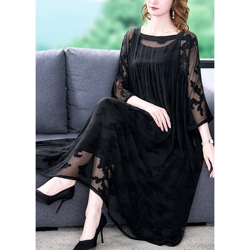 Women Black Square Collar Embroideried Chiffon Dress Two Pieces Set Summer