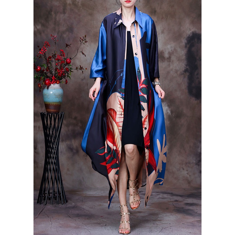 Women Blue Black Peter Pan Collar Print Silk Long Shirt Bracelet Sleeve