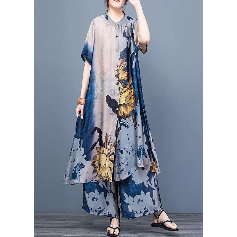 Women Blue Stand Collar Draping Print Silk Long Shirt And Wide Leg Pants Two Piece Suit Set Summer