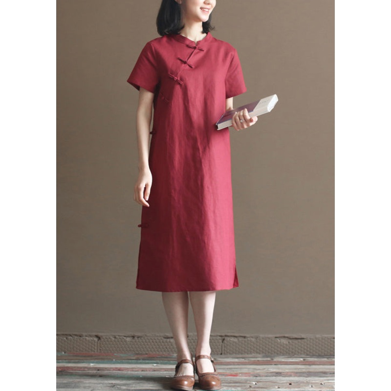 Women Mulberry Solid Mandarin Collar Oriental Button Side Open Cotton Linen Dresses Short Sleeve