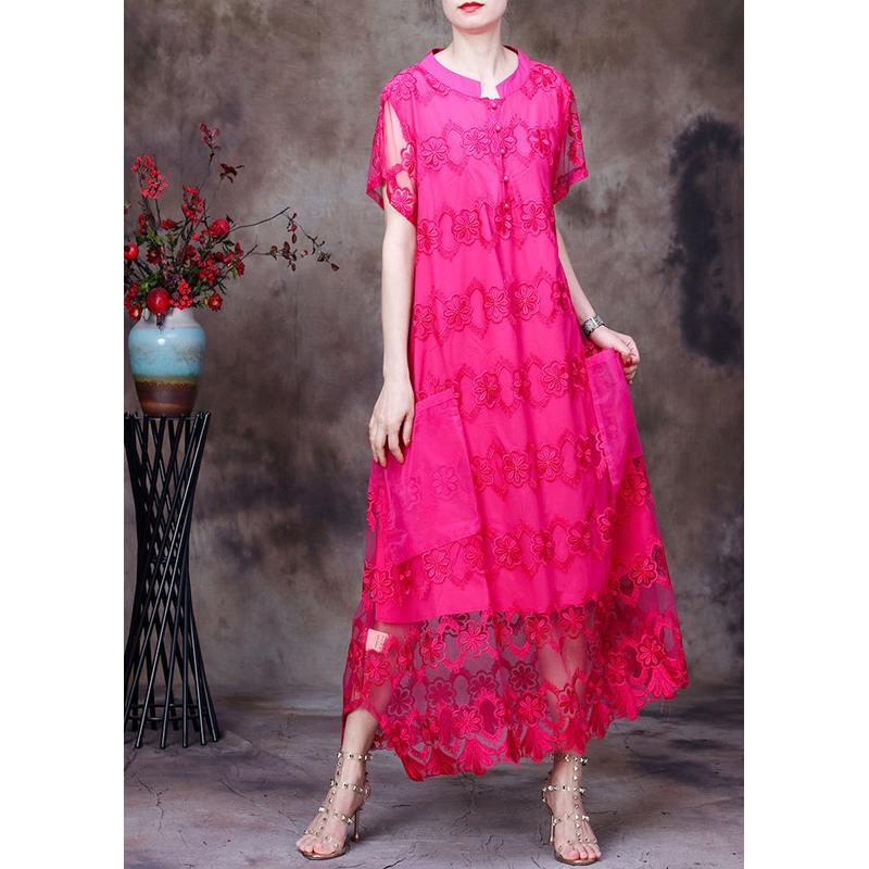 Women Rose Stand Collar Embroideried Hollow Out Tulle Vacation Long Dress Short Sleeve