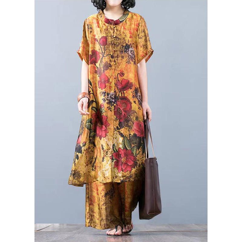 Yellow Floral Loose Silk Long Tops And Wide Leg Pants Two Pieces Set Short Sleeve
