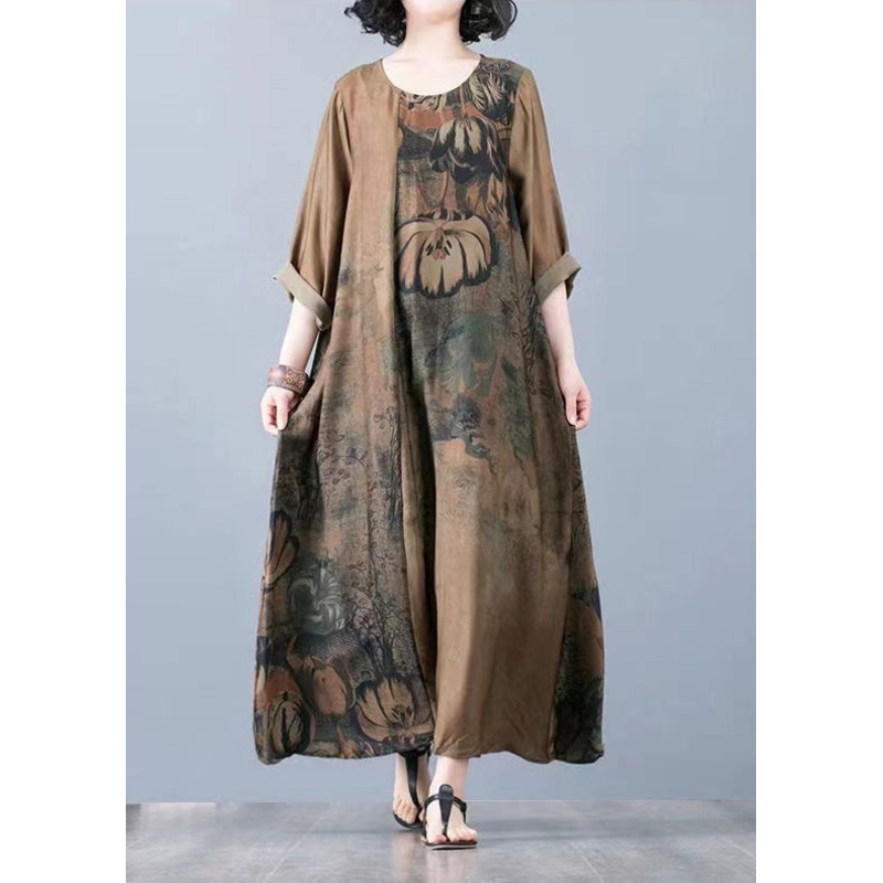 Yellow Patchwork Loose Silk Long Dresses Draping Three Quarter sleeve