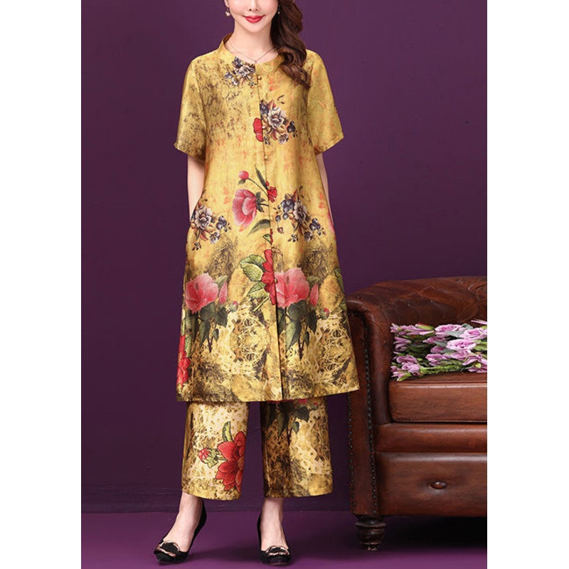 Yellow Stand Collar Pockets Floral Print Silk Two Pieces Set Short Sleeve