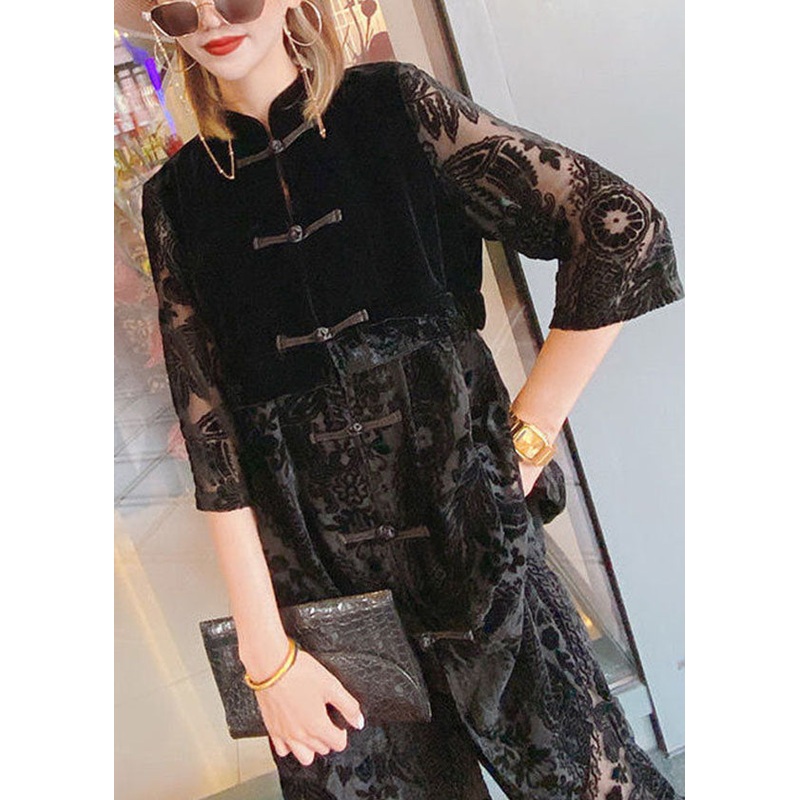 Art Black Stand Collar Embroidered Hollow Out Velour Chinese Style Two Pieces Set Half Sleeve