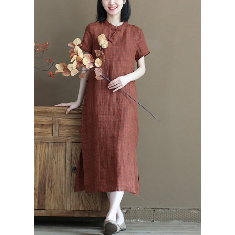 Art Orange Stand Collar Plaid Side Open Linen Cheongsam Dresses Short Sleeve