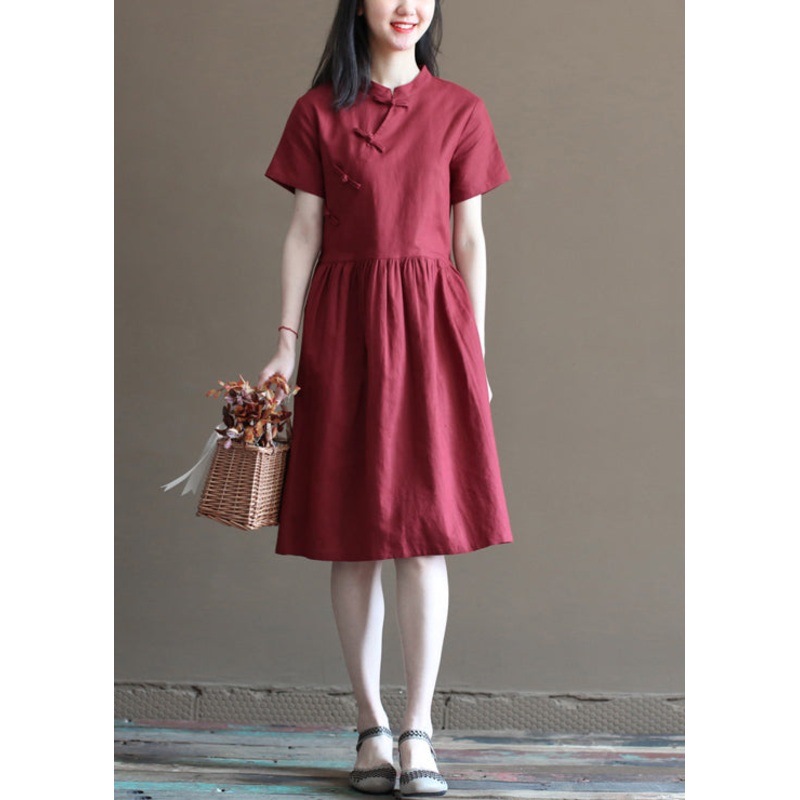 Art Solid Mulberry Stand Collar Cinched Pockets Linen Mid Dress Short Sleeve
