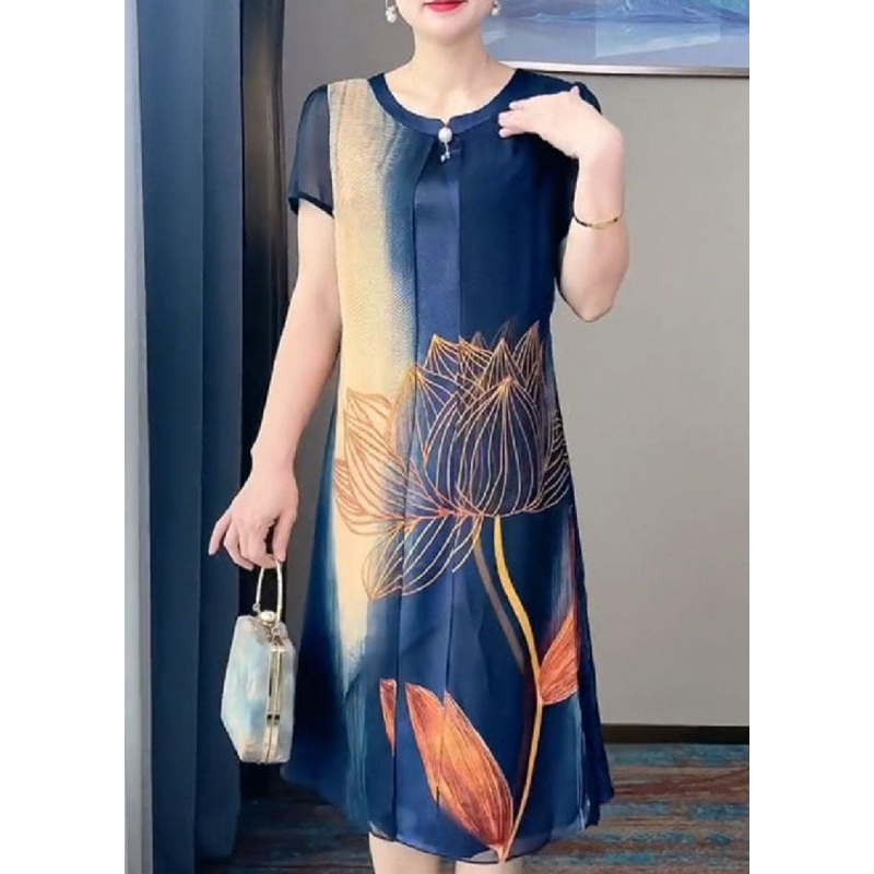 Art Tibetan Blue O-Neck Tulle Patchwork Silk Long Dresses Short Sleeve
